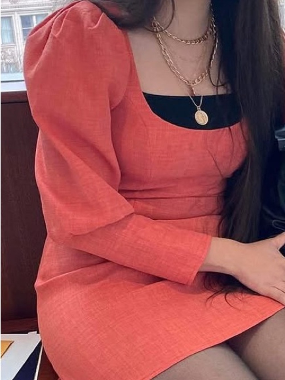 Women's Coral Square-Neck Puff Sleeve Dress